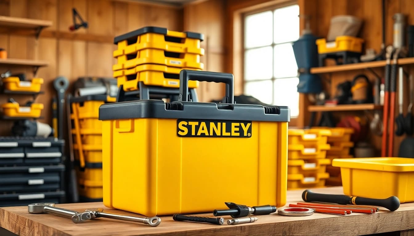 Store and organize your tools effortlessly with the Stanley stackable tool box, seen on a bright workbench.