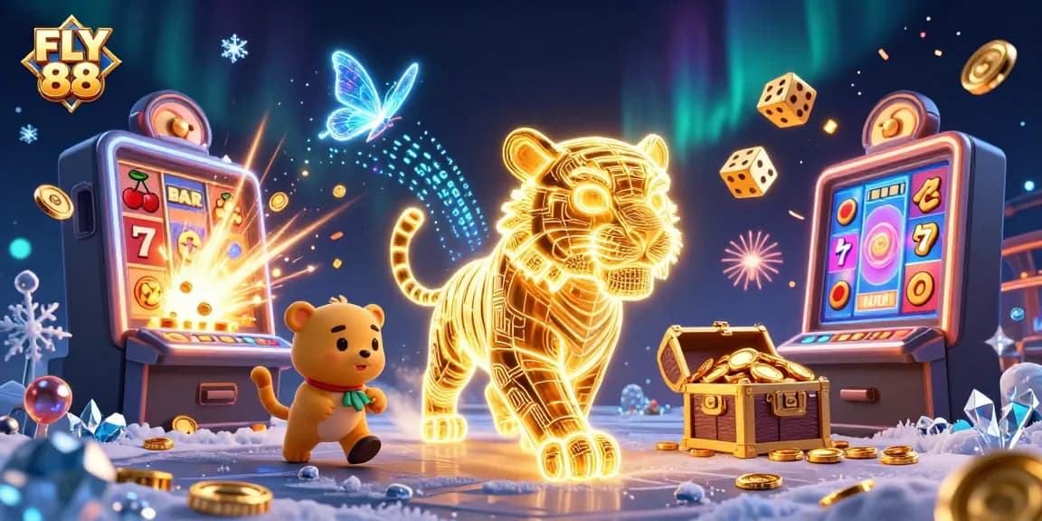 Engage with FLY 88 as the golden tiger prowls through a vibrant casino, showcasing exciting game elements.