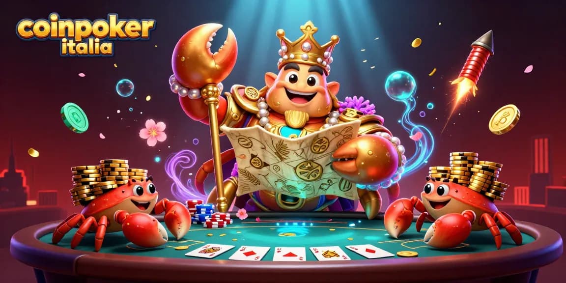 Gioca a coinpoker italia con un imperatore granchio dorato e tavoli da poker affollati di fiches.