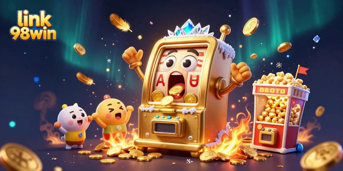 Experience the thrill of winning with link 98win as cartoon slot machines celebrate a jackpot victory!