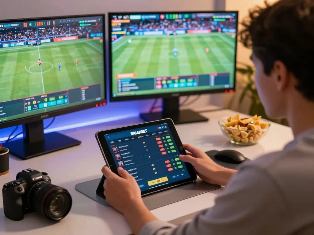 Engaged user placing bets on SIGAPBET through tablet in a lively home setting.