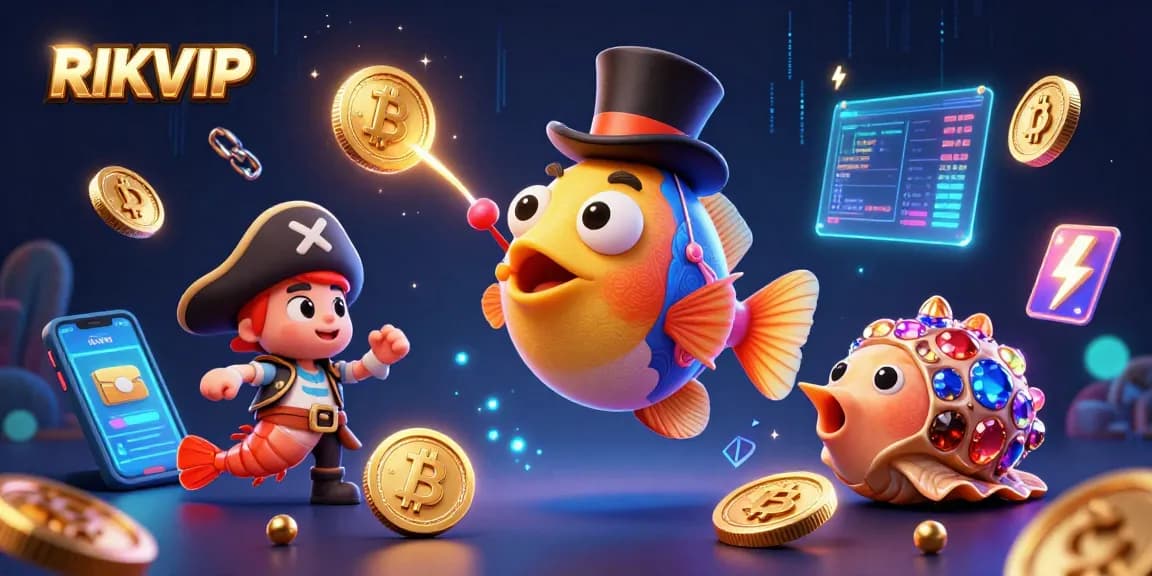 Engage with the thrilling RIKVIP experience featuring a dynamic underwater scene of fun characters and crypto elements.