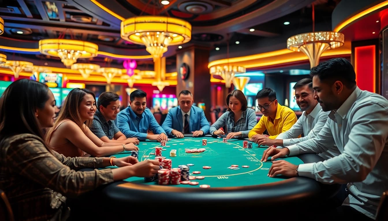 Menggambarkan suasana intens di meja poker di www.comedimagrirek.com/dimagrire-in-pochi-giorni dengan pemain dari berbagai latar belakang.
