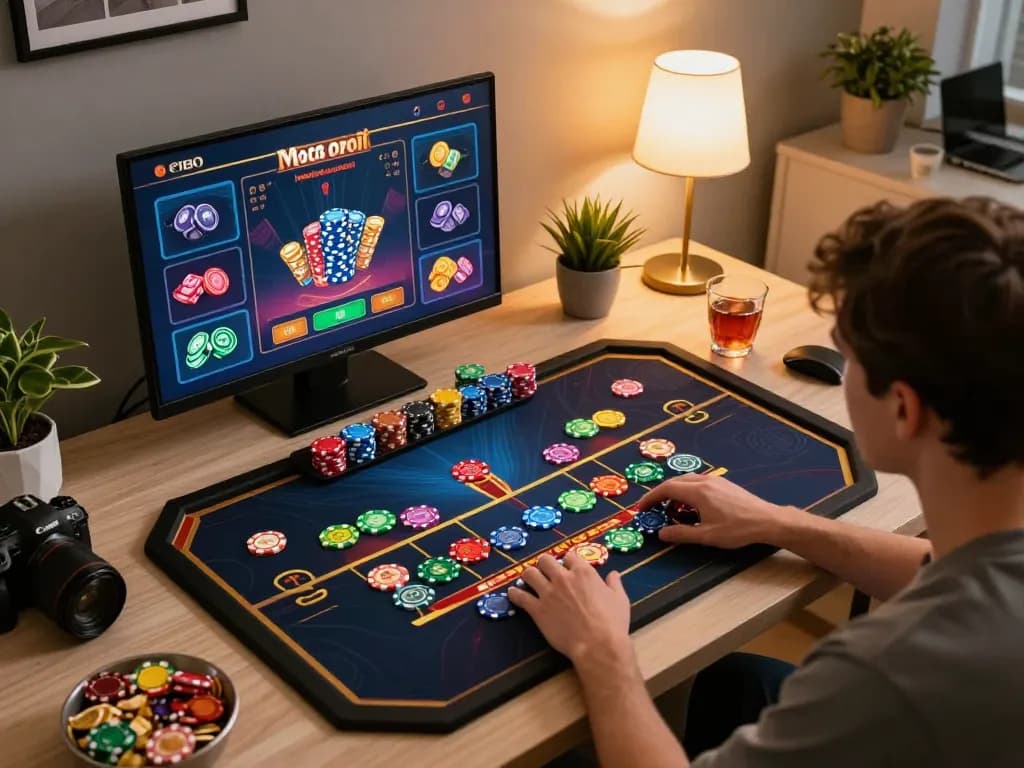 xóc đĩa online gameplay with intense focus on virtual betting interface in cozy home setting
