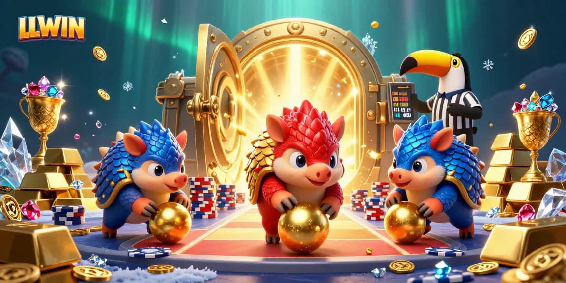 LLWIN pangolins roll through poker chips, amidst confetti and treasure in a vibrant casino scene.