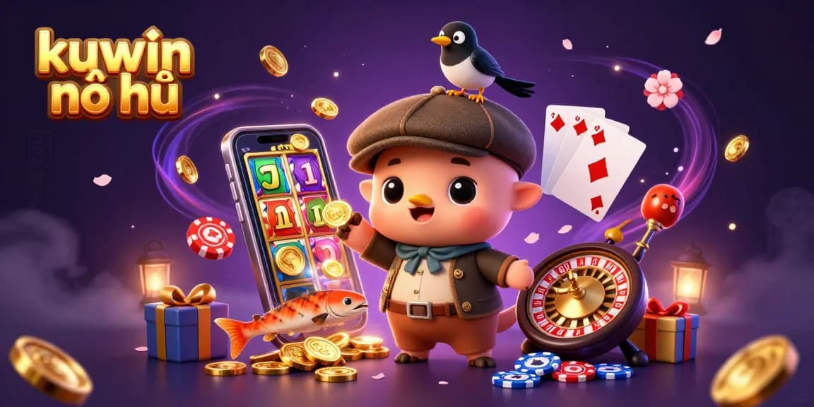 Kuwn nổ hũ illustration showcasing vibrant slot game elements and playful characters amidst a dynamic casino scene.
