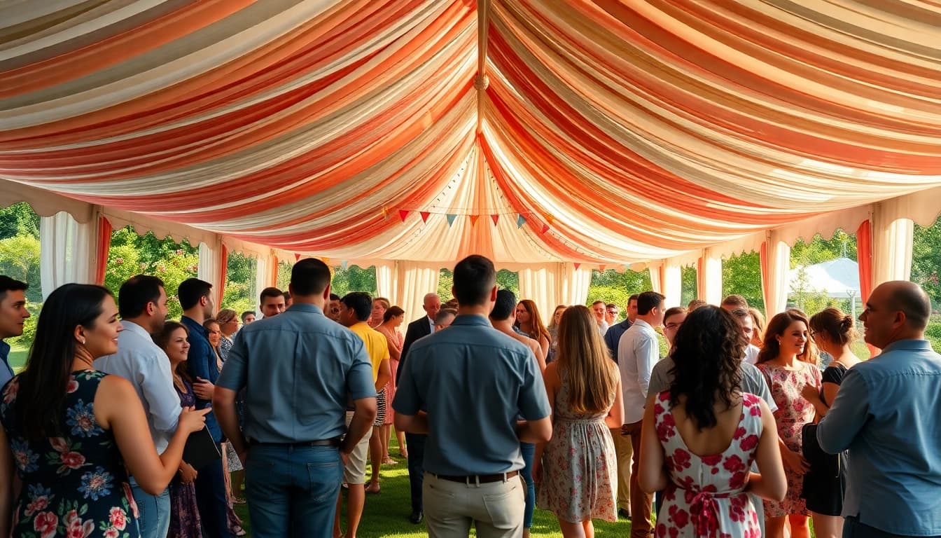 Guests enjoying festivities under a beautifully decorated Party Tent Rentals in a sunlit garden setting.