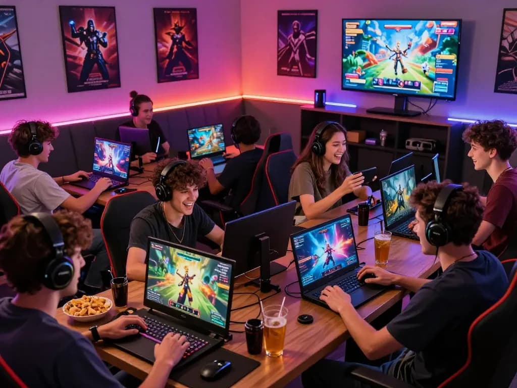Engaging scene of players enjoying online porn games in a cozy gaming lounge setting