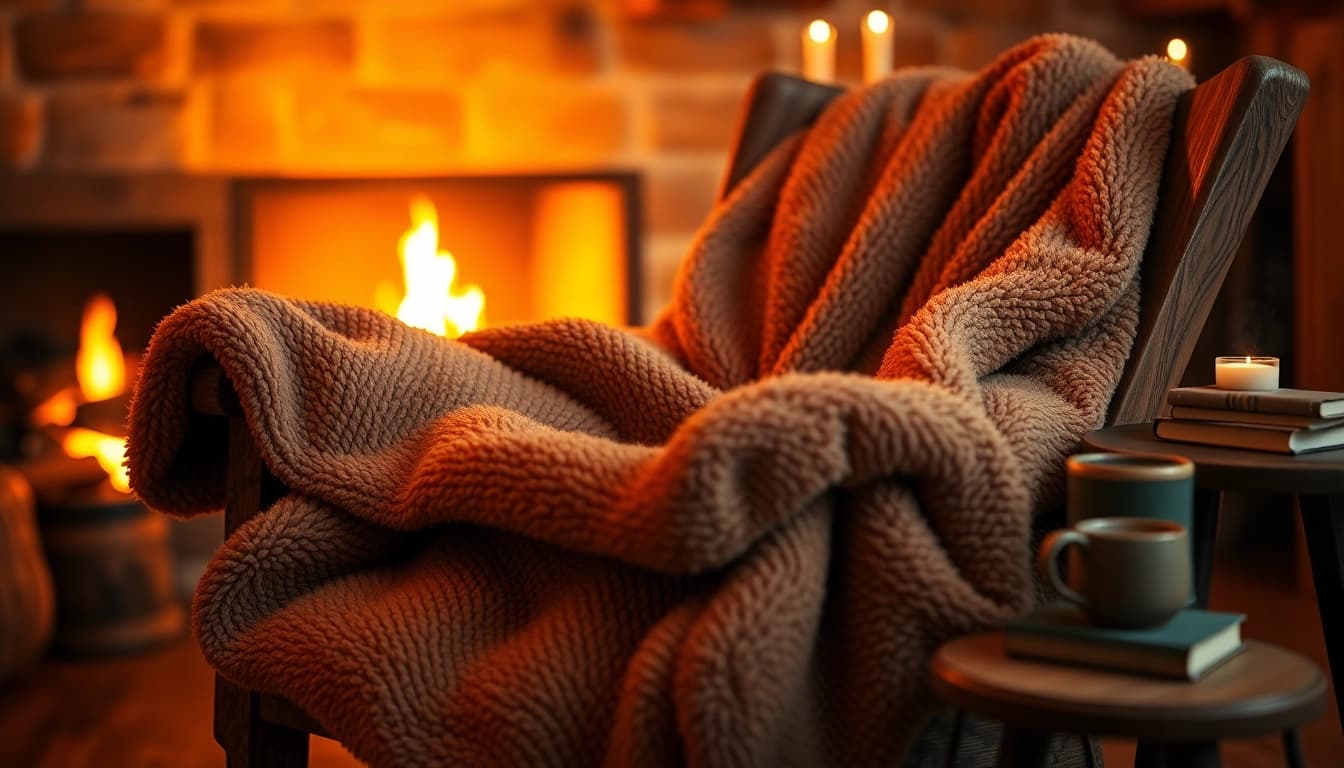 Fleece deken op een houten stoel naast een gezellig haardvuur.