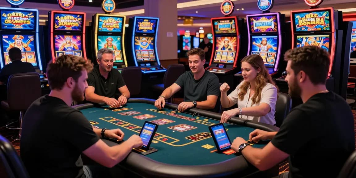 Players enjoying credit card casinos in a vibrant online gaming environment, celebrating wins at the table.