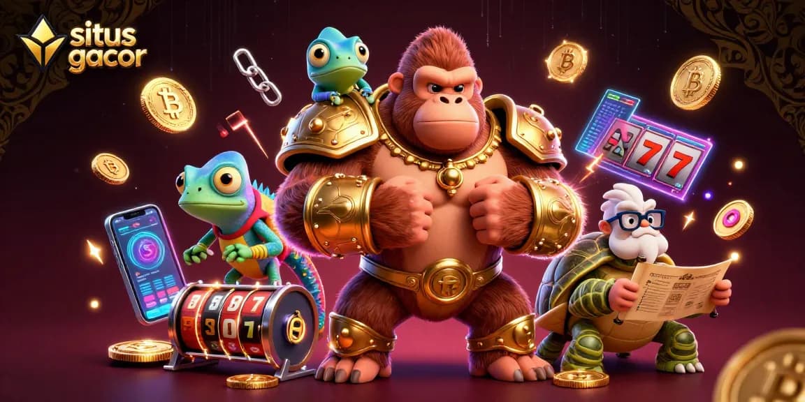 Engage in thrilling gameplay with situs gacor as the powerful gorilla king and wise tortoise share winning strategies in this vibrant casino scene.