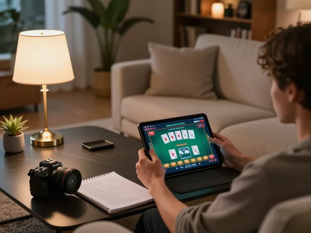 Person engaging in online poker game on tablet, showcasing หนังใหม่ชนโรง strategies in a relaxing home environment