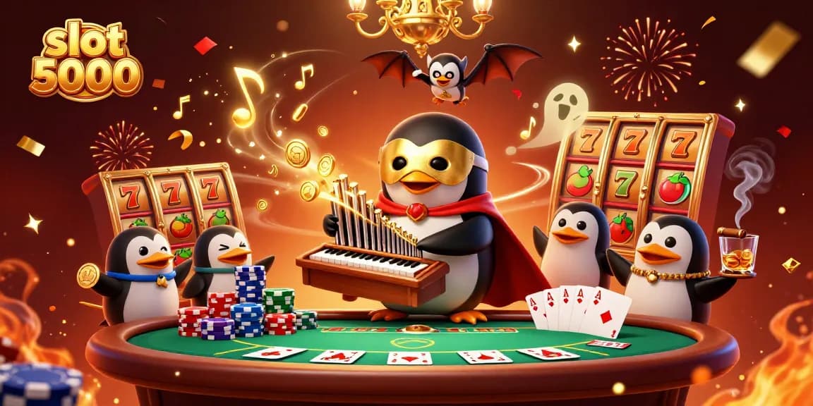 Tingkatkan pengalaman bermain slot 5000 dengan ilustrasi unik penguin opera bermain organ emas yang meluncurkan koin emas.