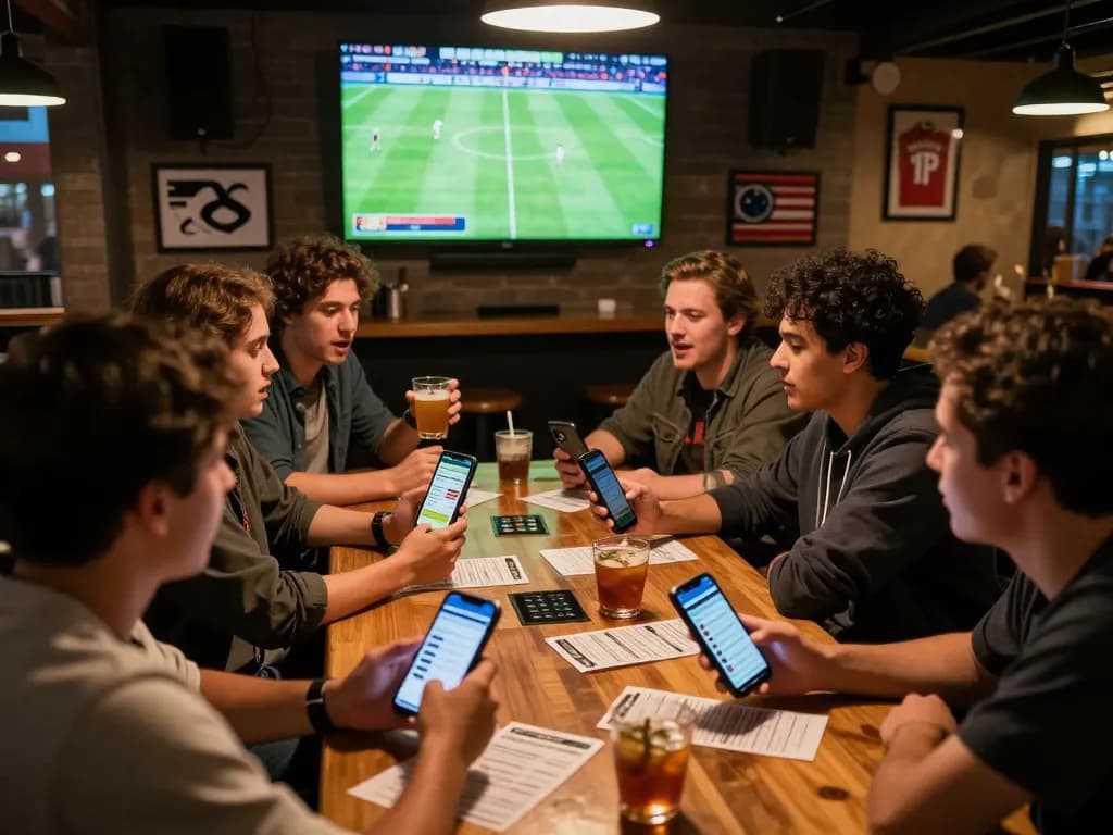 Friends engaging in dynamic sports betting at a lively venue while using the 3win actor app for real-time gambling.