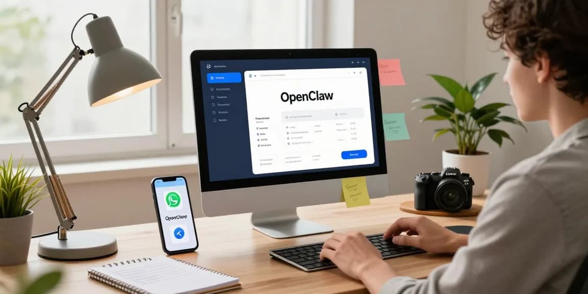 personal AI assistant setup with open claw on desktop, smartphone notifications, and bright home office