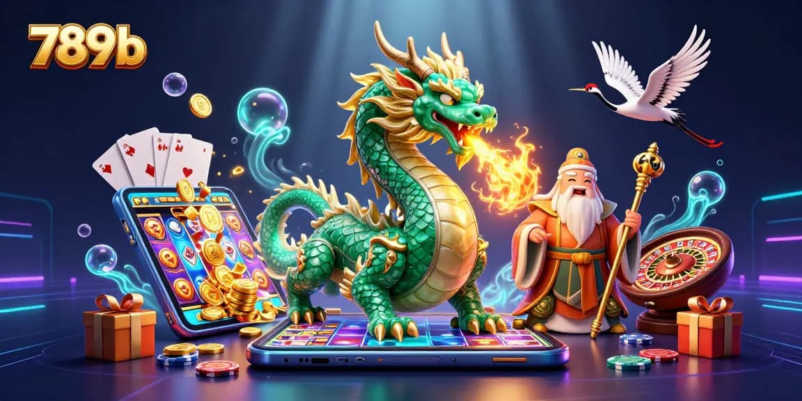 Engage with thrilling slot adventures at 789b, featuring a jade dragon and dynamic casino elements.