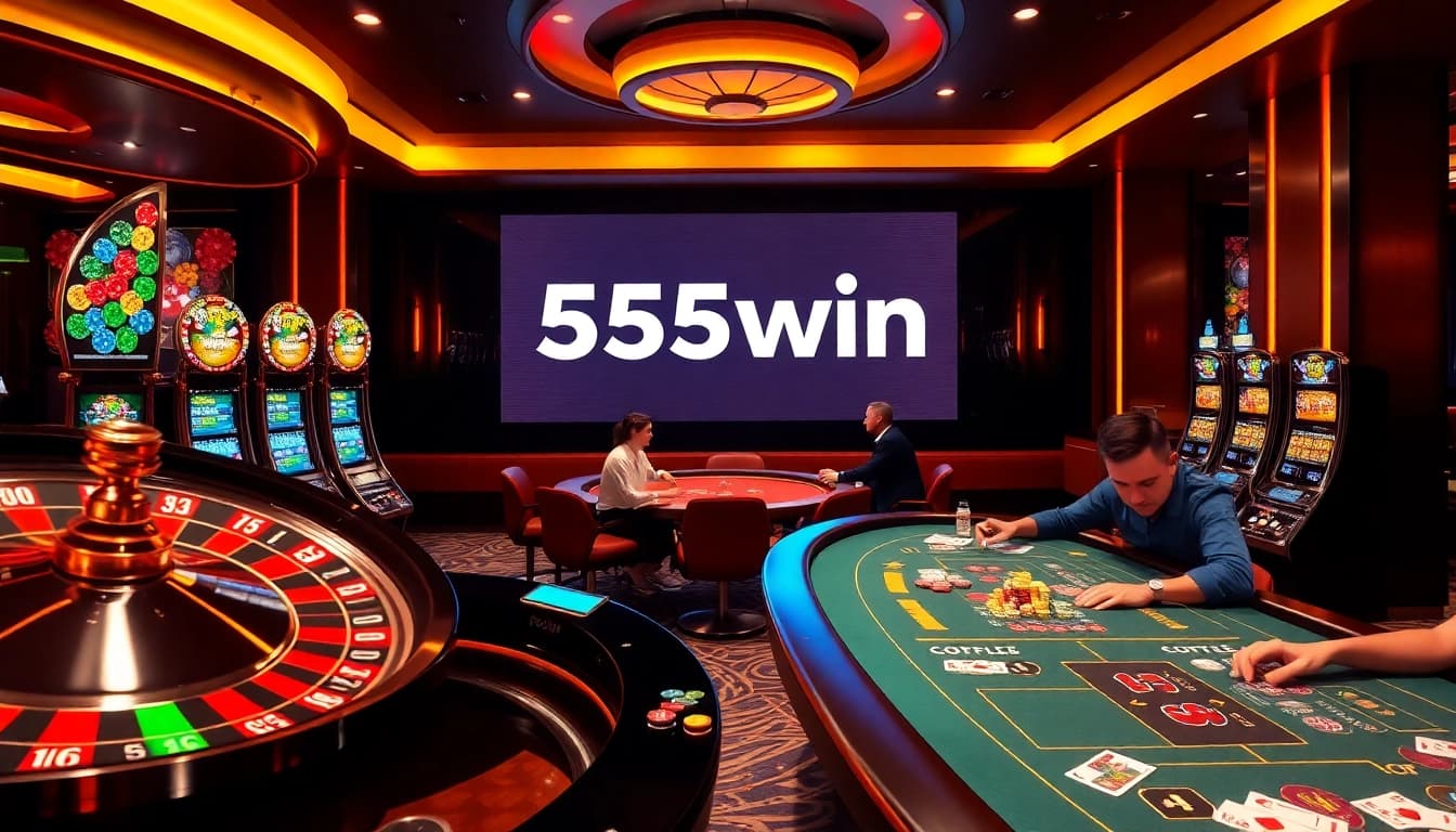 Engaging scene of professional gambling at 555win com casino with roulette wheel and poker tables.