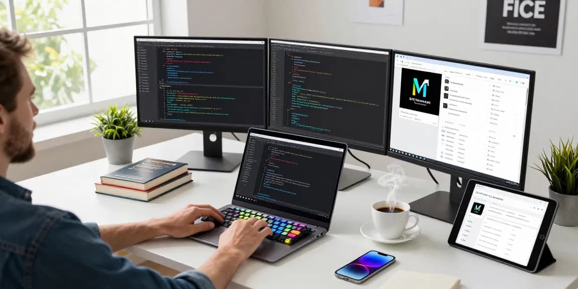 Developers coding and collaborating on 纸飞机中文版 in a modern workspace with tech gadgets.