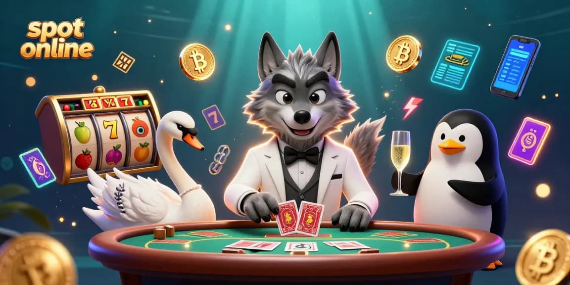 Mainkan slot online dengan serigala, angsa, dan penguin dalam ilustrasi kasino 3D yang berwarna-warni.