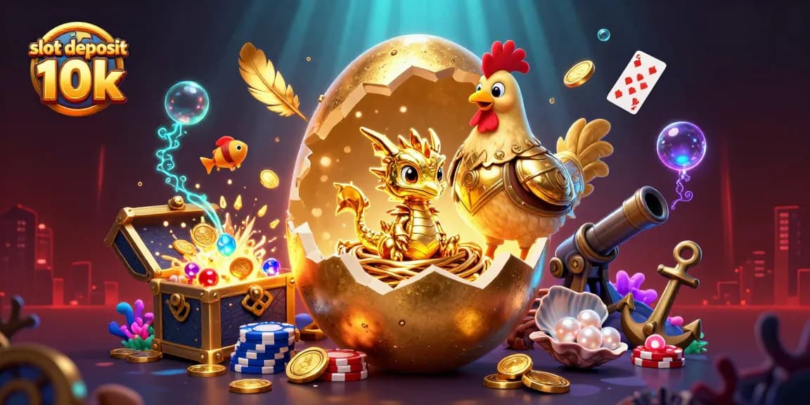 Experience thrill and excitement with slot deposit 10k, featuring a golden dragon amidst dynamic casino elements.