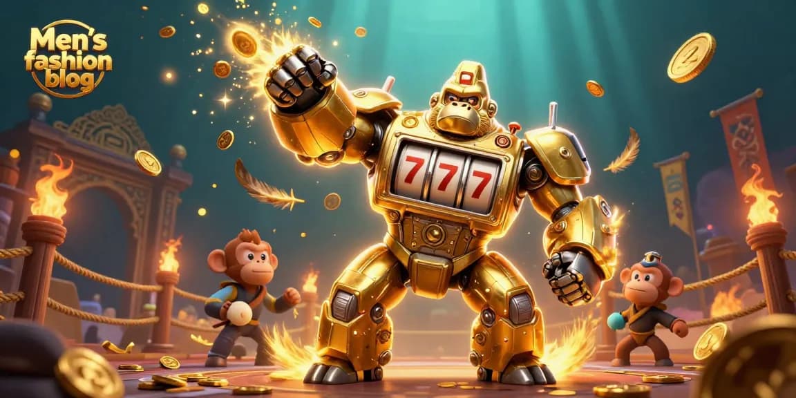 Experience thrilling action with Men’s fashion blog featuring a golden mech and explosive winning symbols.
