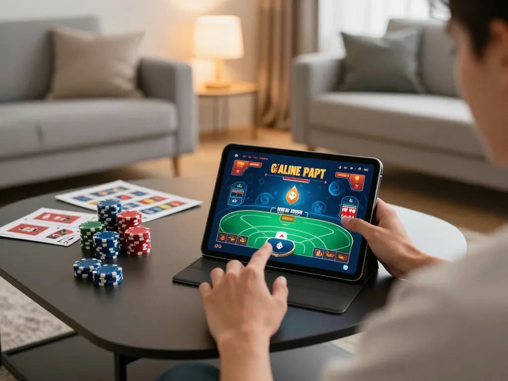 Engaging with sunwinapk app on tablet, enjoying an exciting online poker game in a stylish living room setting