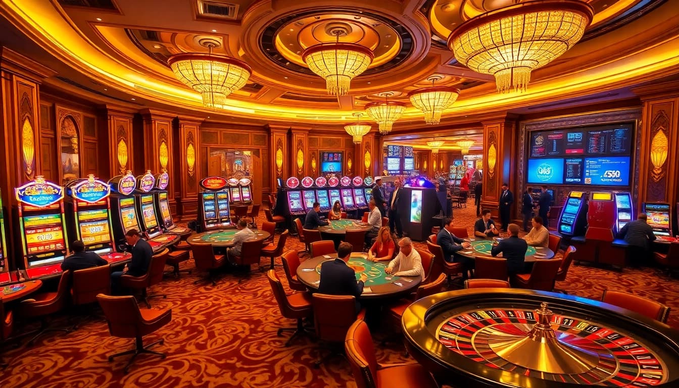 Players enjoying a thrilling casino experience with slot machines, poker tables, and roulette wheel at UU 88.