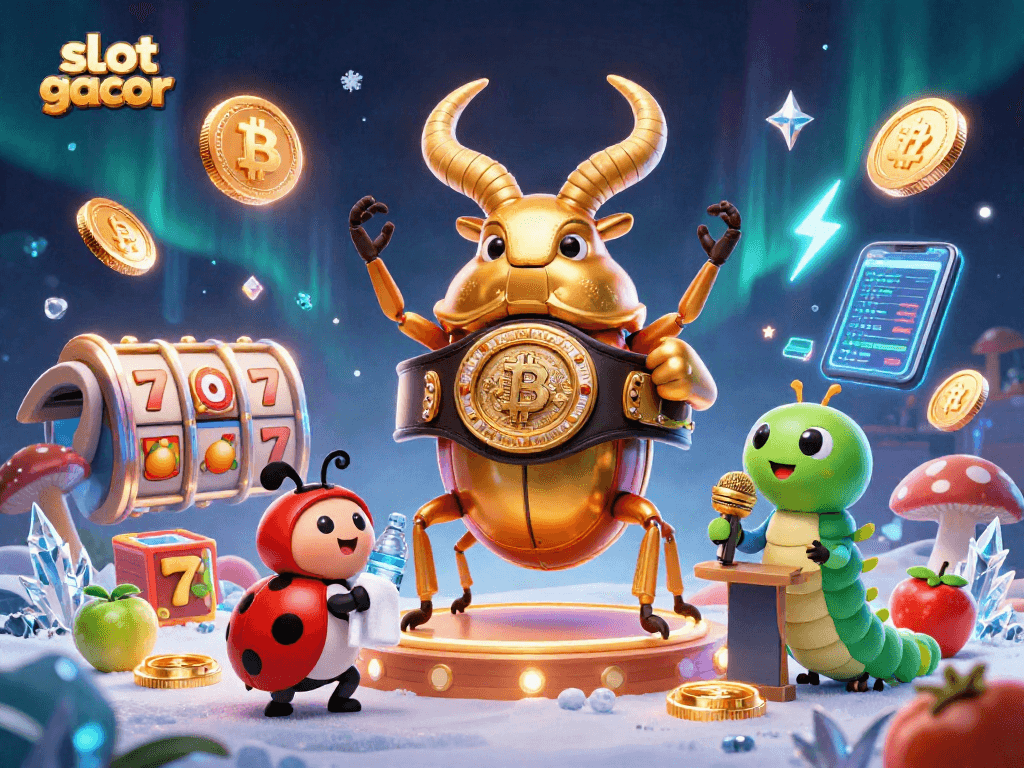 Engage with slot gacor action in a vibrant 3D casino illustration featuring a giant stag beetle and dynamic digital elements.