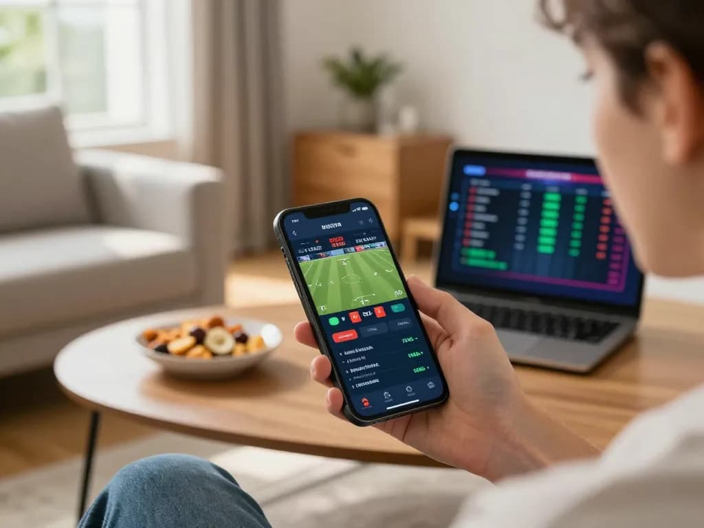 Engaged bettor using 58win app for live sports betting, showcasing live odds and match details in a cozy setting