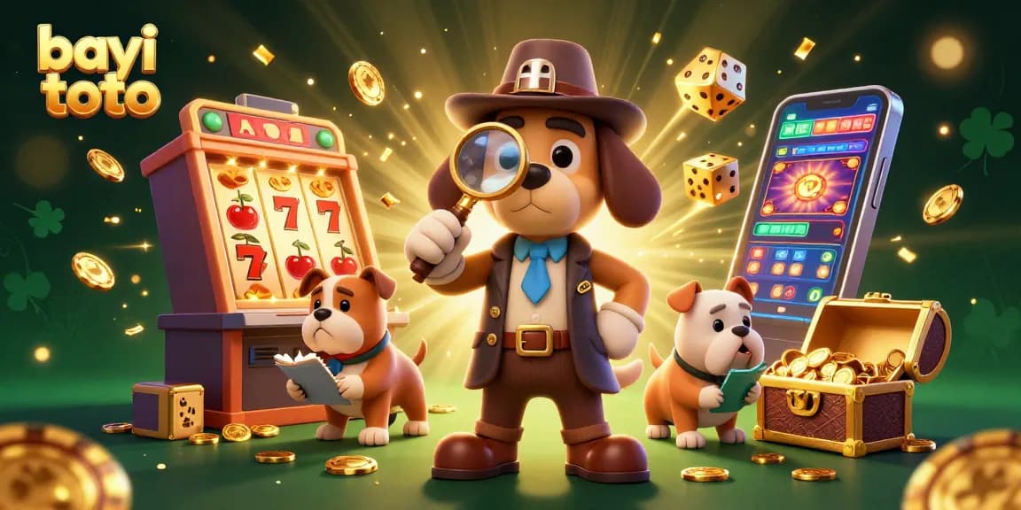 Bayi toto showcases a lively casino scene with a detective duo investigating clues among jackpots and casino treasures.