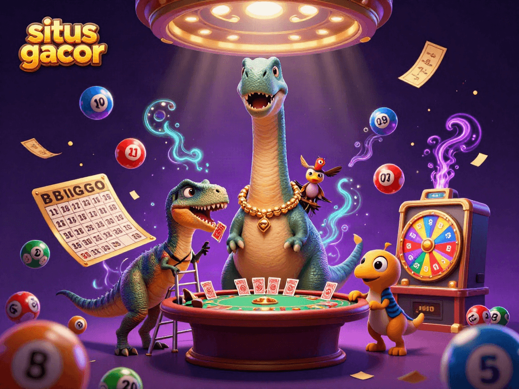 Engage with situs gacor at a vibrant casino scene filled with colorful lottery elements and dynamic characters.