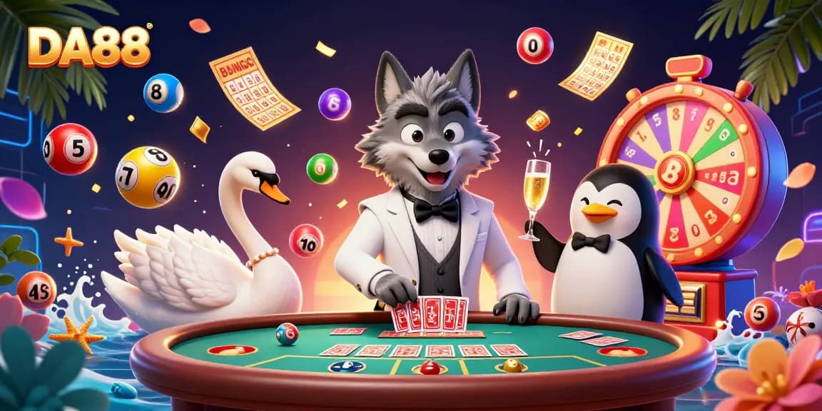 Engage with DA88's vibrant online gaming scene featuring animated characters and dynamic casino elements.