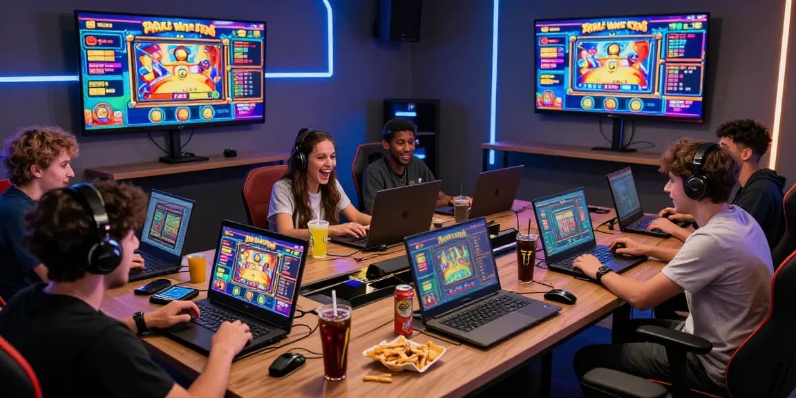 Excited players enjoying garuda303 online slot games in a vibrant gaming environment.