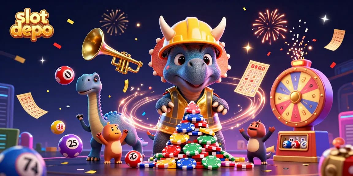 Win exciting bonuses at slot depo with a vibrant dinosaur-themed casino illustration.