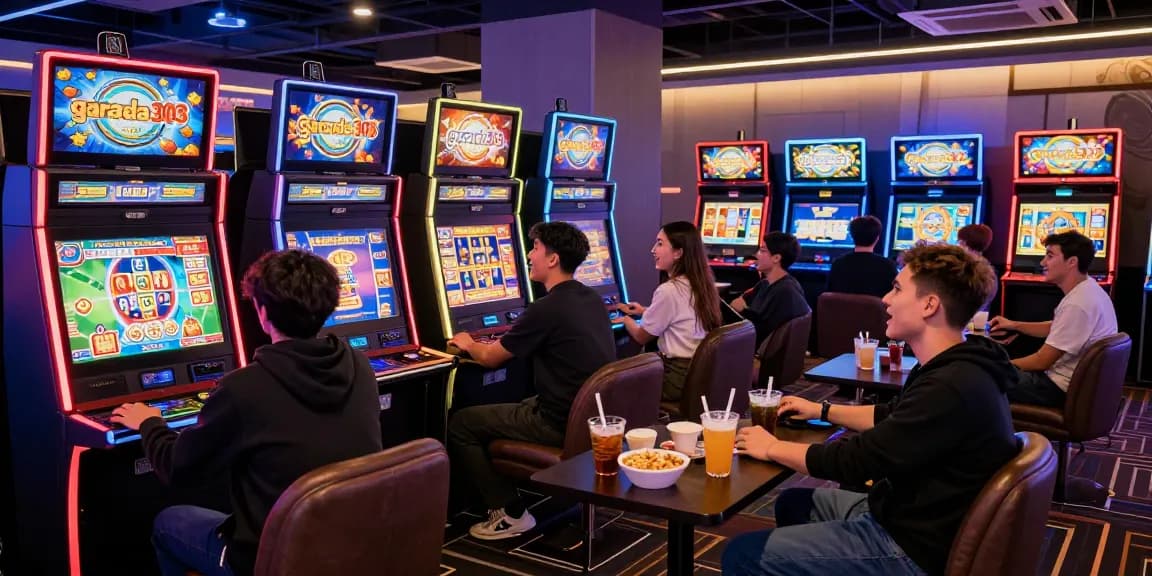 Excited players engaging with garuda303 slot machines in a vibrant gaming lounge.