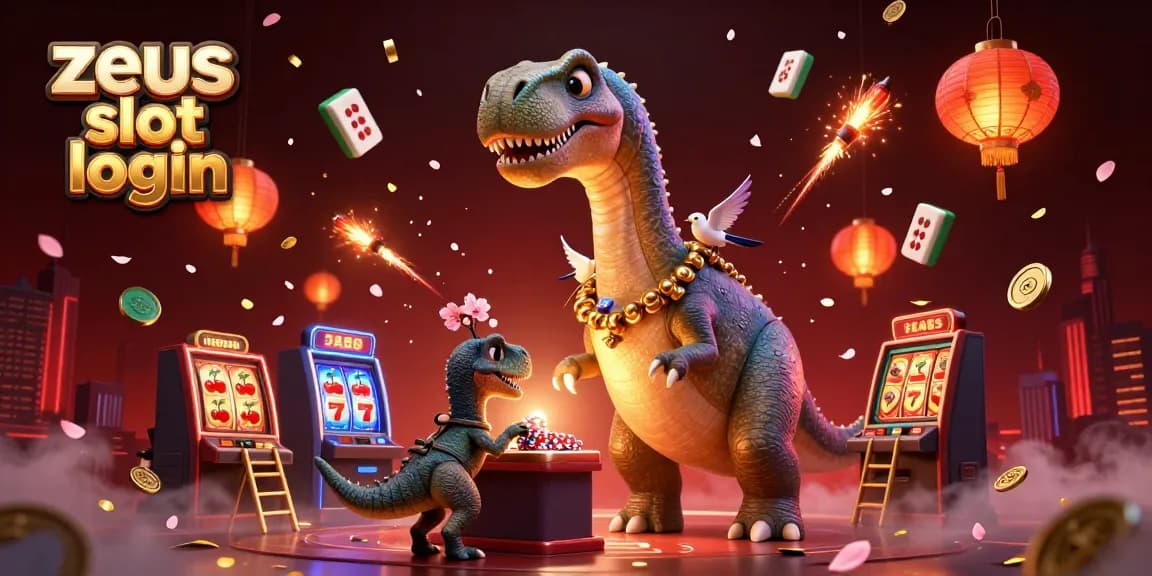 Experience excitement with zeus slot login as a giant brontosaurus towers over a lavish casino scene.