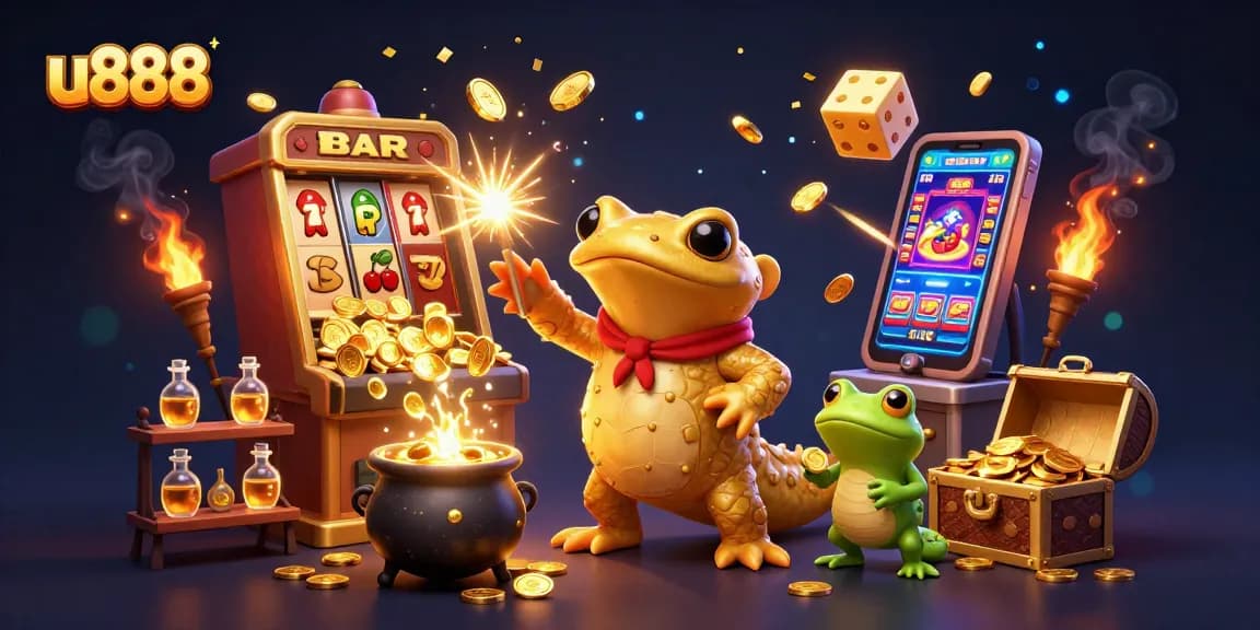 Experience big wins with u888 as a golden salamander alchemist transforms gold coins in a magical casino scene.