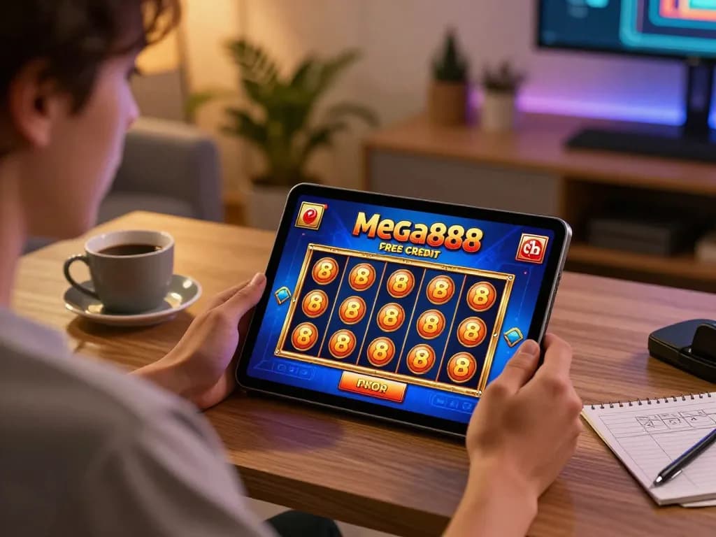 Engaging in Mega888 casino game showcasing free credit mega888 on a tablet at home.