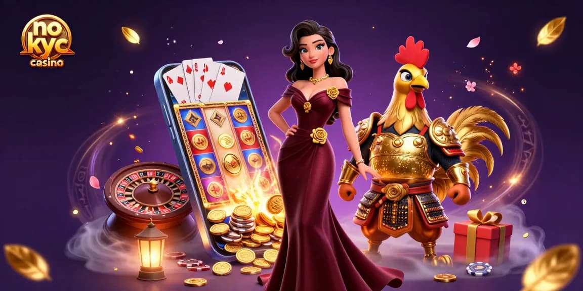 Scena di un casinò senza KYC con una donna glamour e un gallo samurai dorato con giochi da casinò e simboli.