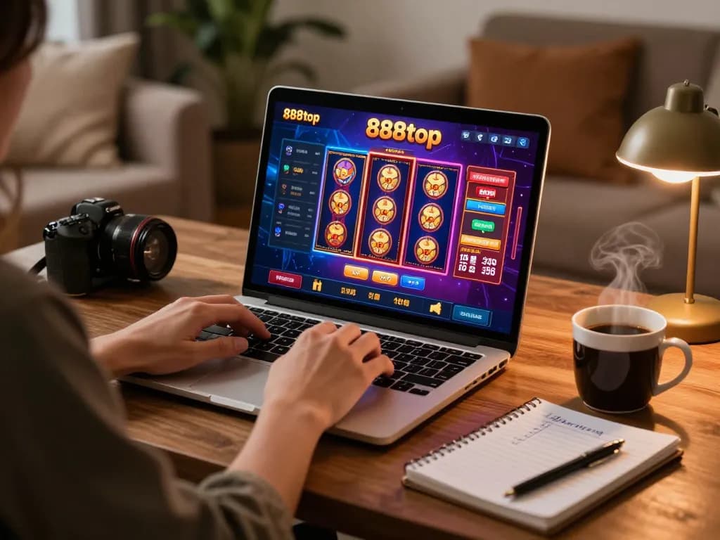 Engaged gamer enjoying the 888top casino app on laptop, surrounded by notes and cozy ambiance