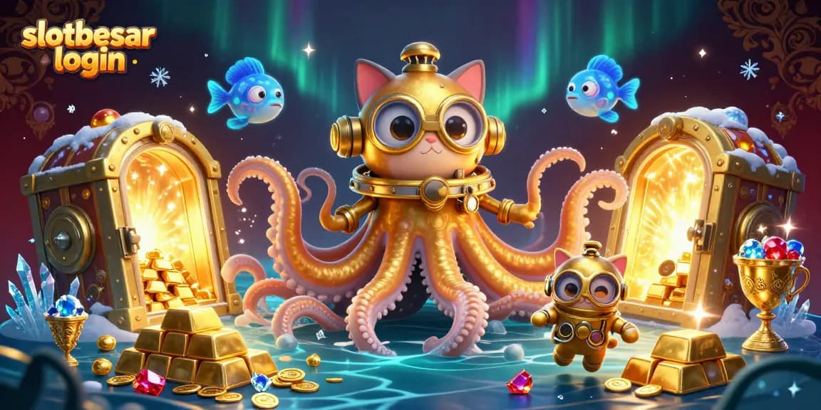 Experience the thrill with slotbesar login, showcasing a vibrant scene of a kraken and diving cat amidst treasure.