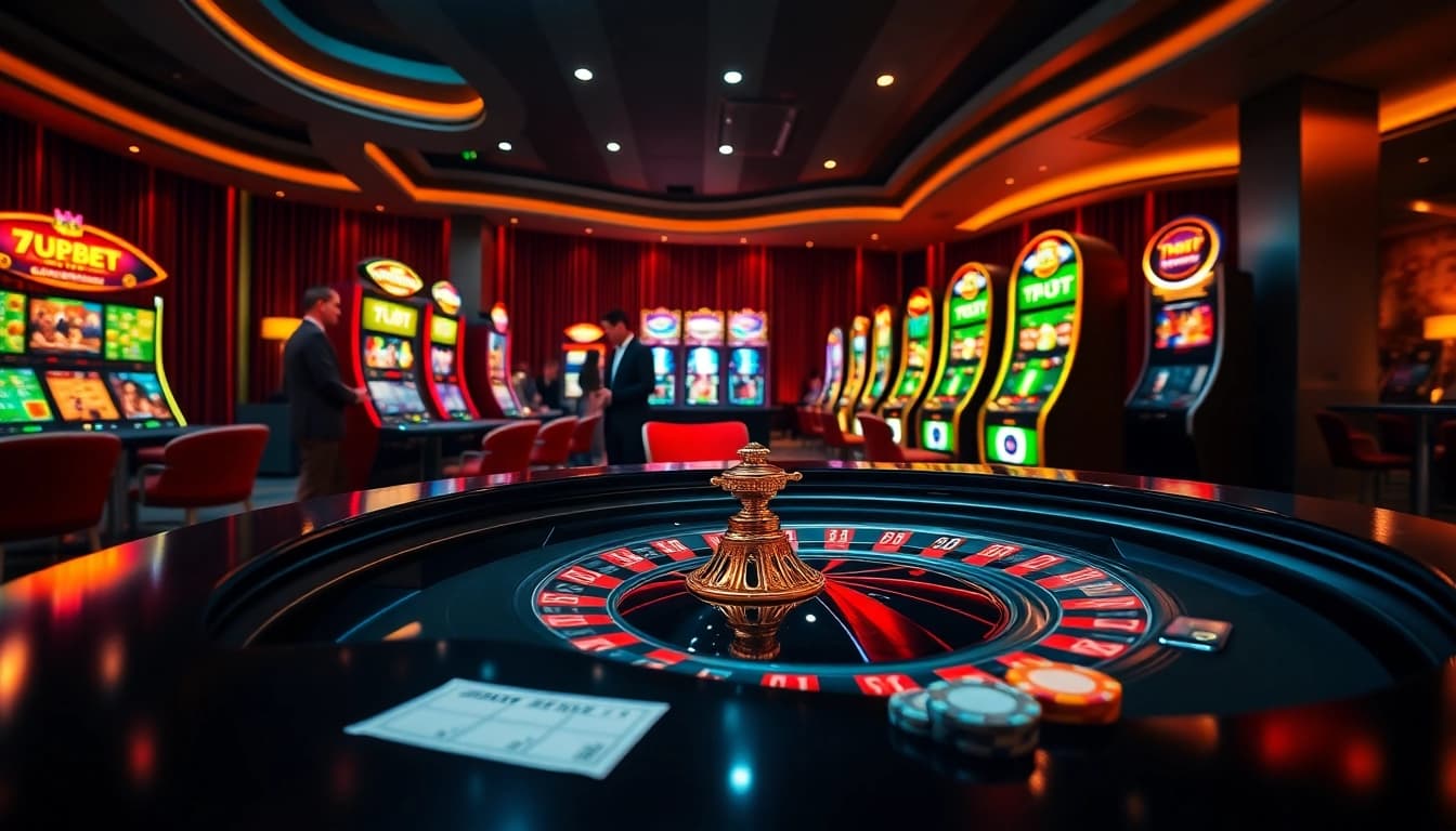 Experience the excitement of 7upbet with vibrant casino visuals showcasing roulette, poker, and slot machines.