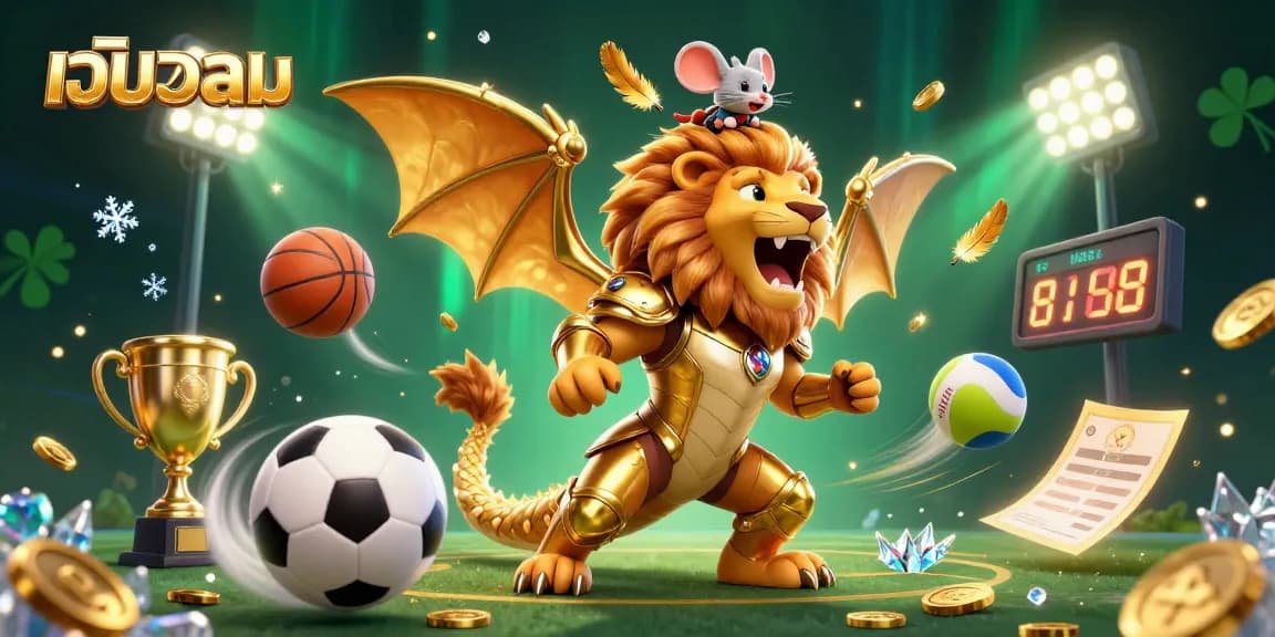 Experience thrilling เว็บบอล action with a roaring chimera, dynamic sports elements, and golden trophies igniting the excitement.