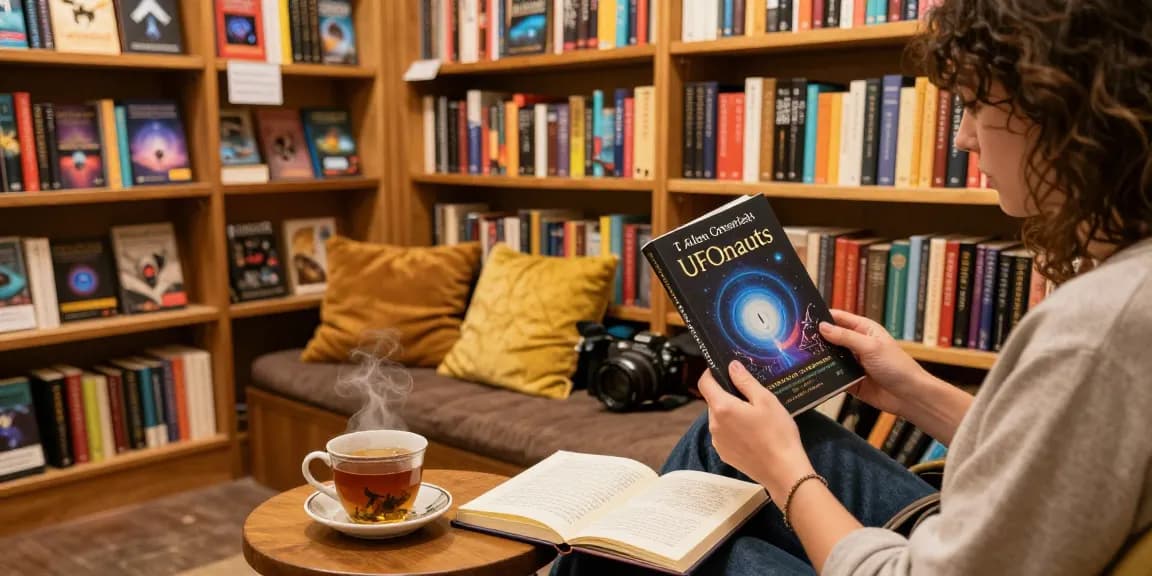 T Allen Greenfield's book UFOnauts featured prominently at https://tallengreenfield.com in a cozy bookshop setting with spiritual and UFO-themed titles.