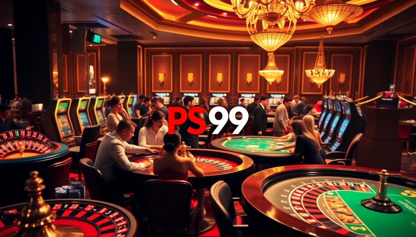 Engaging scene from the trang chủ PS99 showcasing gamblers enjoying casino games like roulette and slots.
