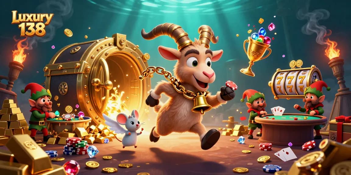 Experience Luxury 138 with lively gameplay featuring casinos, poker chips, and festive characters