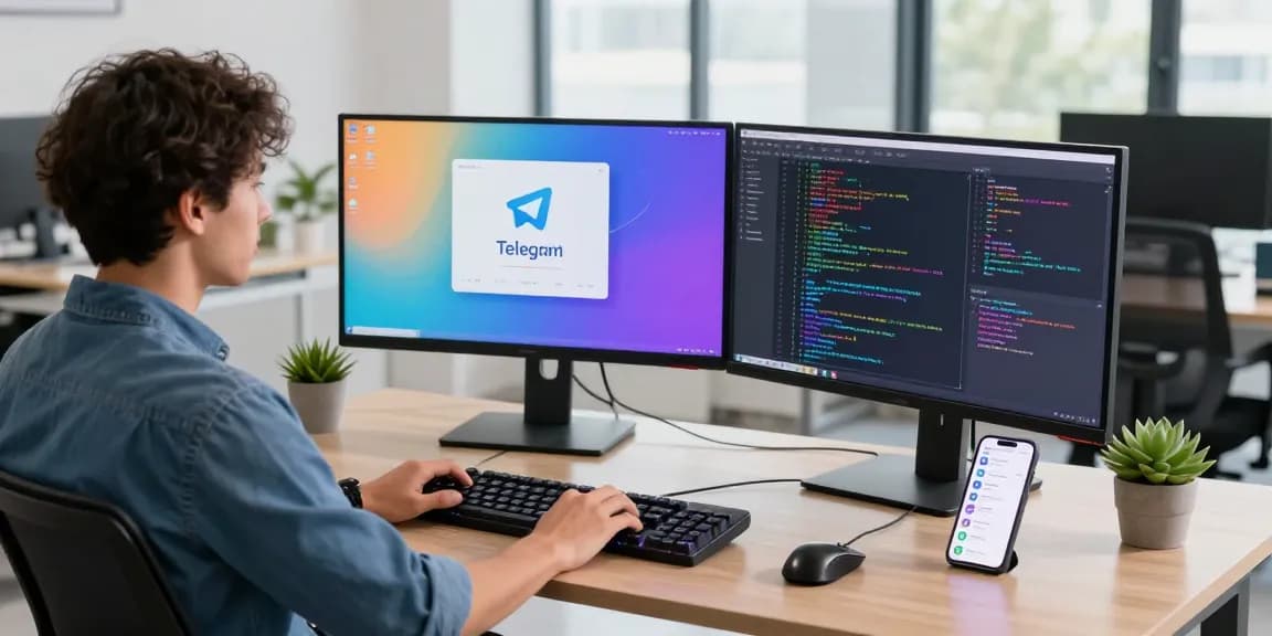 Developer optimizing the Telegram中文 interface in a modern workspace, showcasing productivity tools and coding elements.