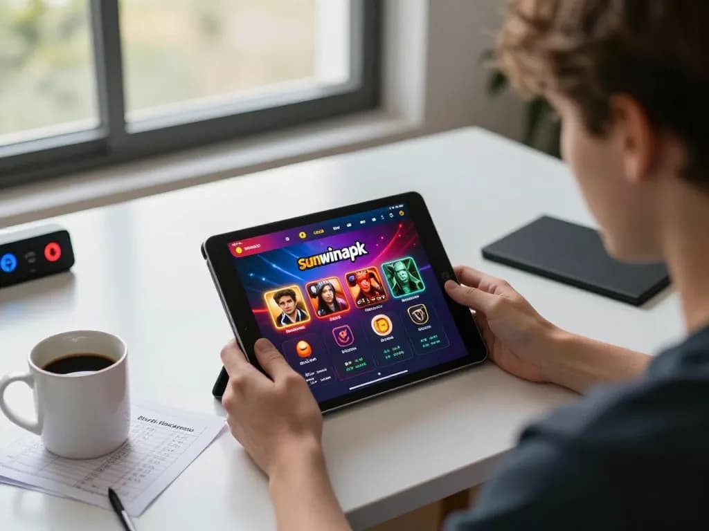 Engaging scene of a player using sunwinapk app on tablet for online casino gaming while managing their bankroll.