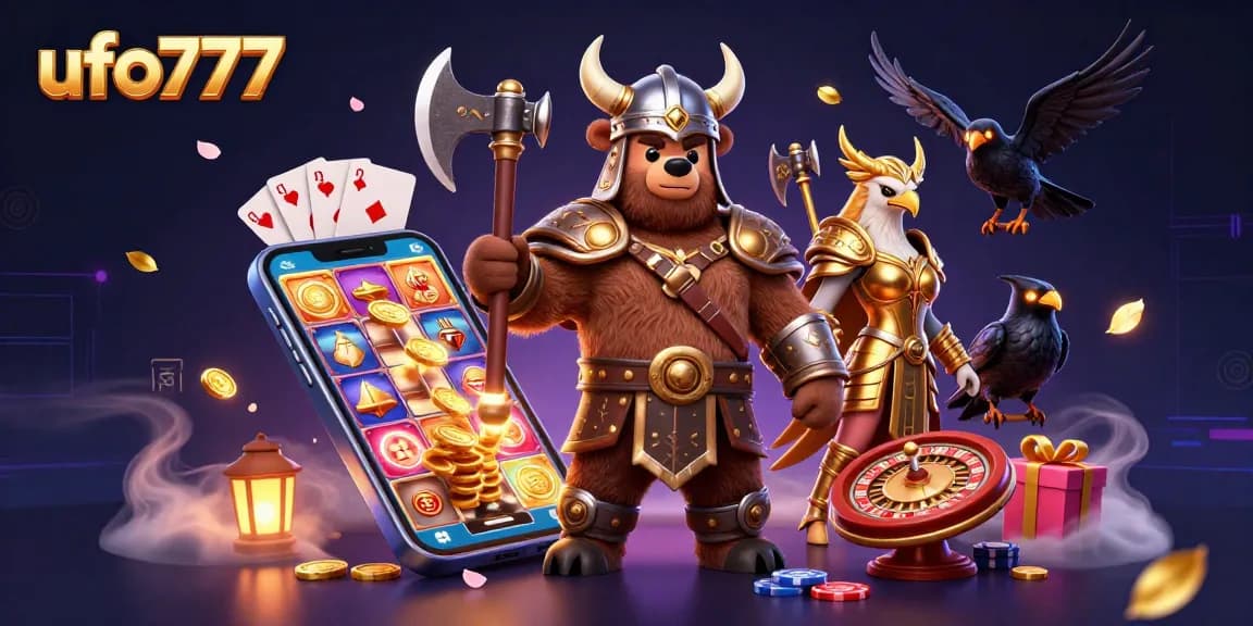 Play exciting games with ufo777, featuring vibrant characters, slot games, and casino elements.