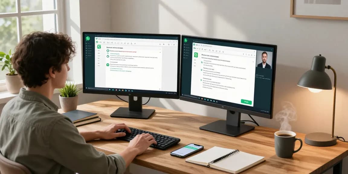 Modern workspace with user engaging on WhatsApp電腦版 at a stylish desk, featuring dual monitors and cozy atmosphere.